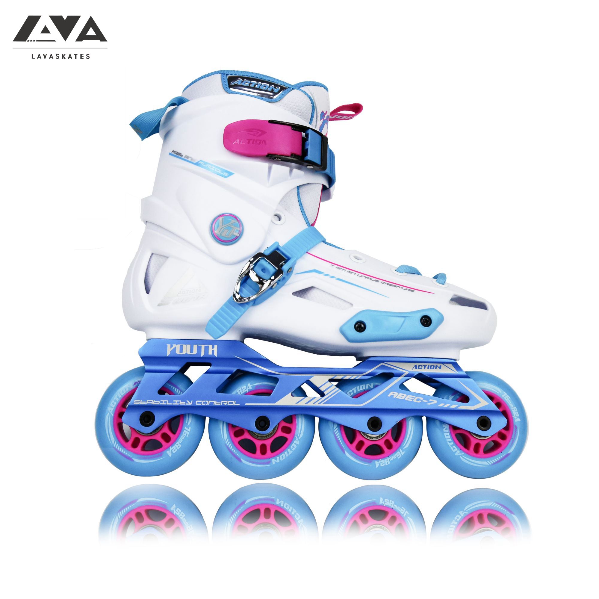 ACTION SKATES - YOUTH - WHITE/BLUE – LAVASKATES